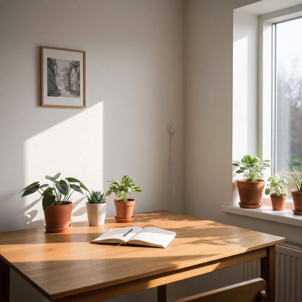 A cozy, sunlit space with plants and a journal on a wooden table