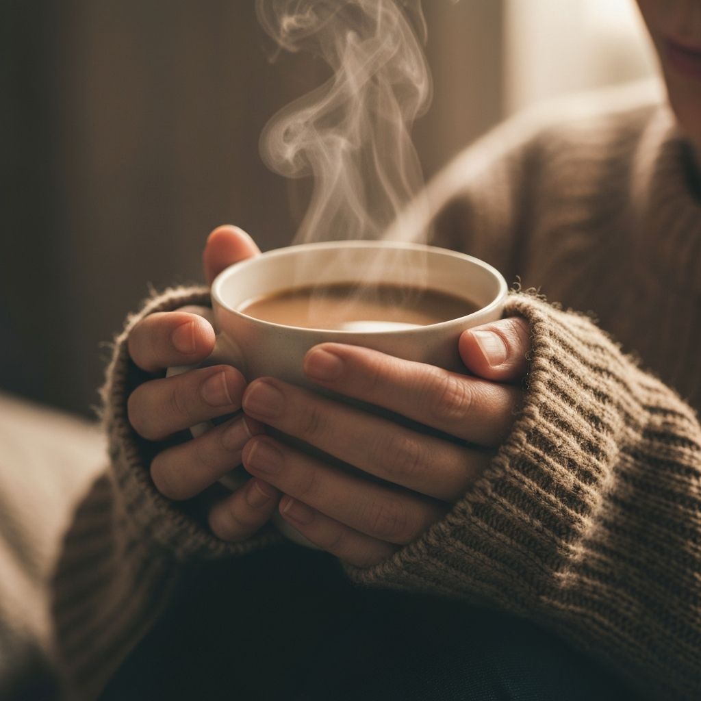 Hands holding a warm ceramic mug in soft morning light