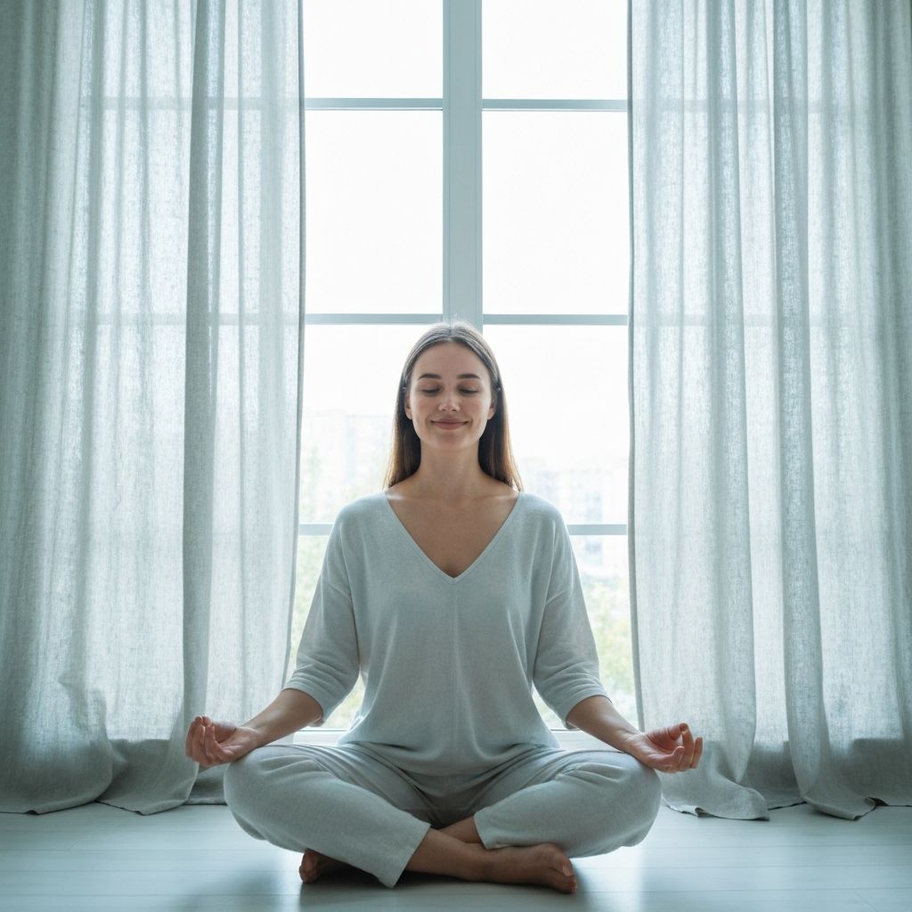 Woman meditating peacefully by a sunlit window